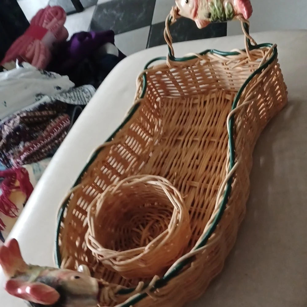 Chip and Dip Wicker Basket w/ ceramic Fish Handles, 17” long